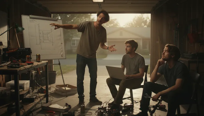 Illustration of three guys in a garage: A small startup with limited resources.