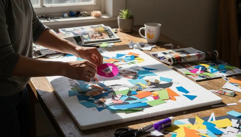Illustration of collage: Art made by combining various images or materials.