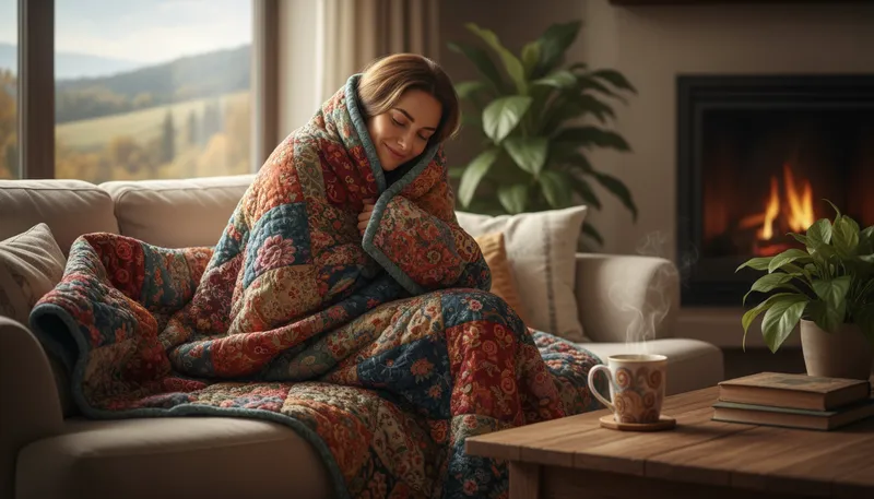 Illustration of quilt: A warm bed covering made of stitched fabric.