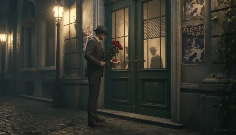 Illustration of stage-door johnny: a fan waiting at a stage door for performers