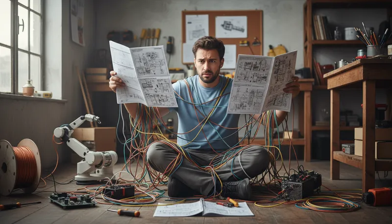 Illustration of tie oneself in knots: to become confused or anxious