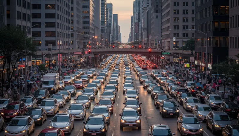 Illustration of rush hour: busy time of day for traffic