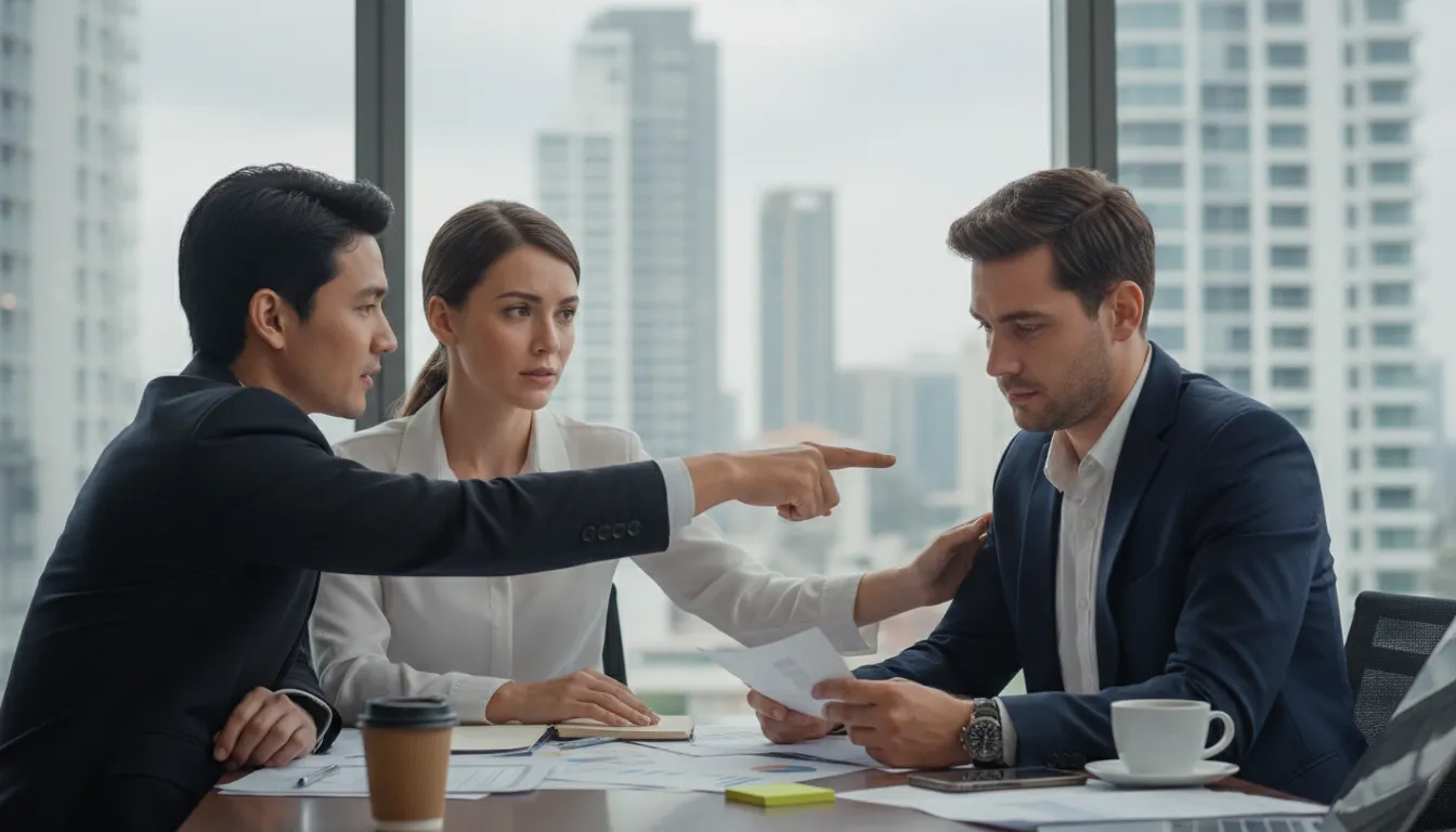 point the finger at-এর ইলাস্ট্রেশন: Accuse or blame someone for something.