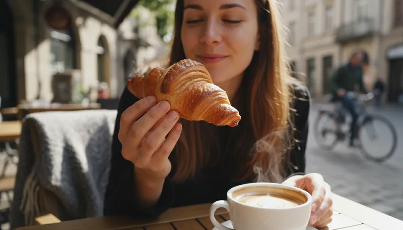 Illustration of croissant: A flaky, buttery pastry, often eaten for breakfast.