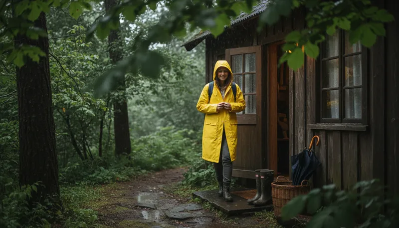 Illustration of raincoat: Waterproof coat worn in rainy weather.