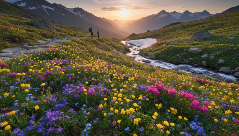 Illustration of alpine: Relating to high mountains or their environment.
