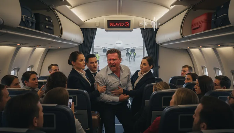 Illustration of air rage: Anger or aggression on an airplane.