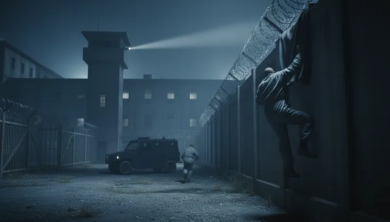 Illustration of jailbreak: An escape from jail or prison.