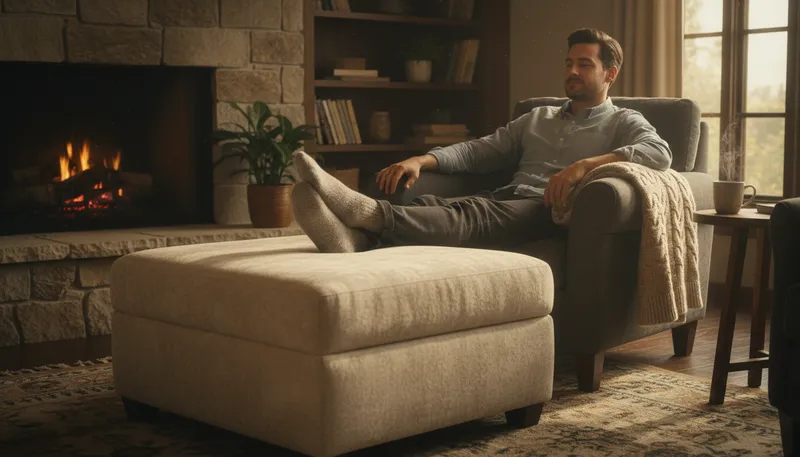 Illustration of ottoman: A type of upholstered seat or footrest.
