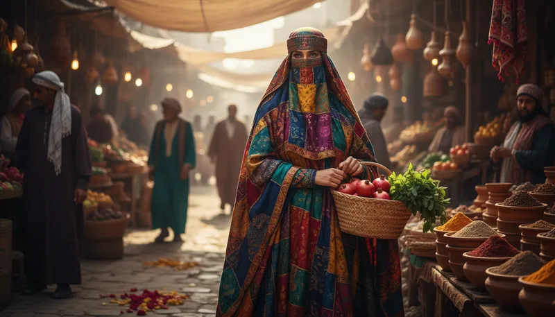 Illustration of burqa: A full-body covering worn by some Muslim women.