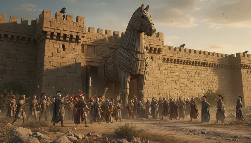 Illustration of trojan: Relating to the ancient city of Troy.