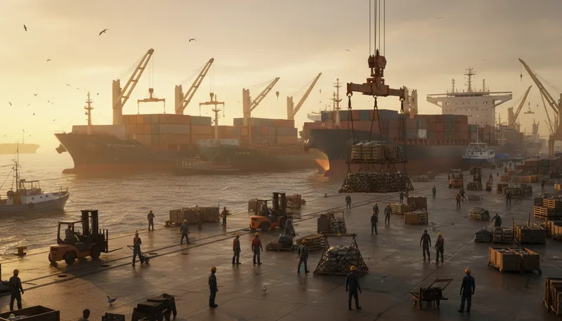Illustration of docklands: An area near a dock or port.