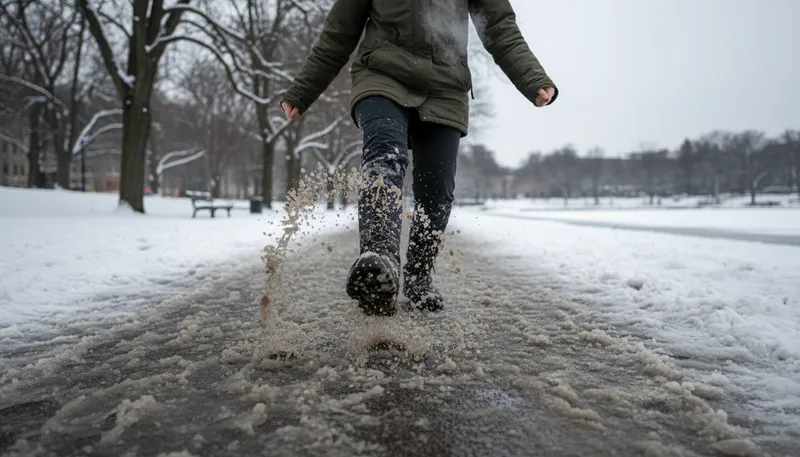 Illustration of slush: Wet, partially melted snow or ice.