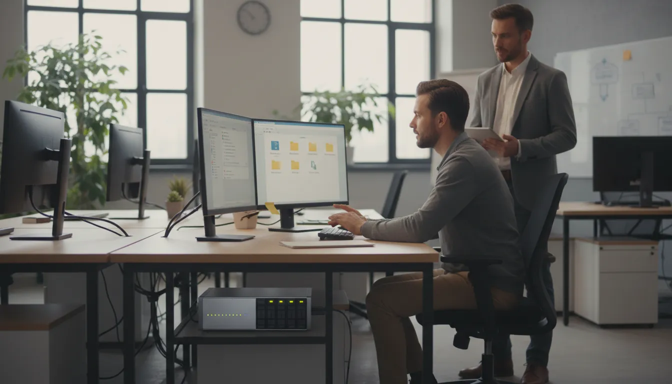 ภาพประกอบของ NAS: a server that shares files across a local computer network