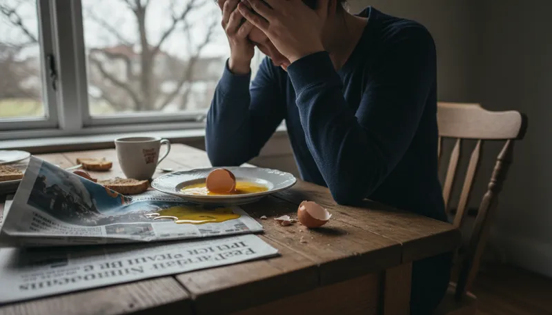 Illustration of one's egg breaks: to experience a complete collapse.