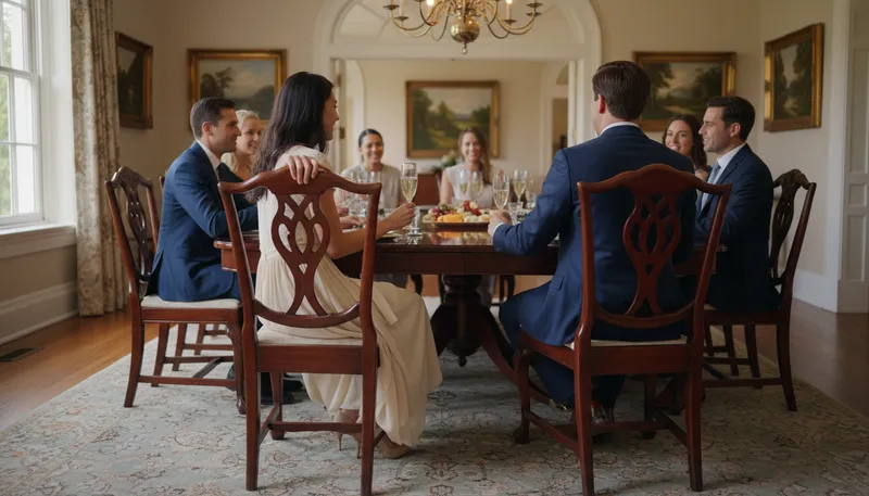 Illustration of put one's legs under someone's mahogany: To sit down at someone's dining table.