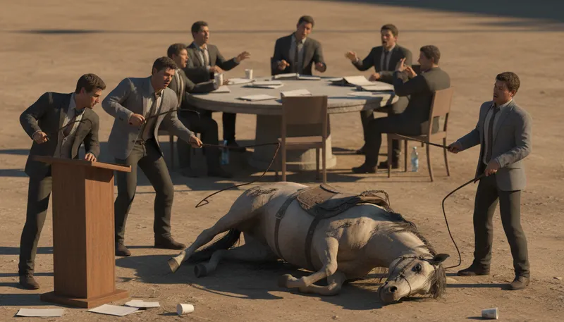 Illustration of flog a dead horse: To waste effort on a futile issue.
