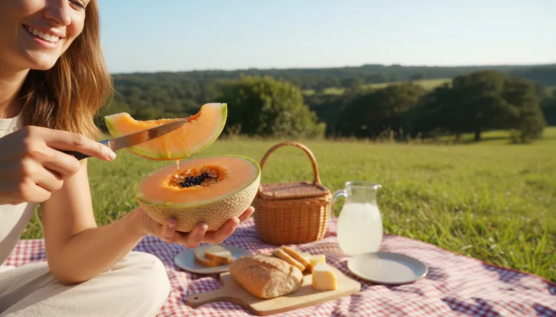 Illustration of melon: A large, sweet fruit with a hard outer shell.