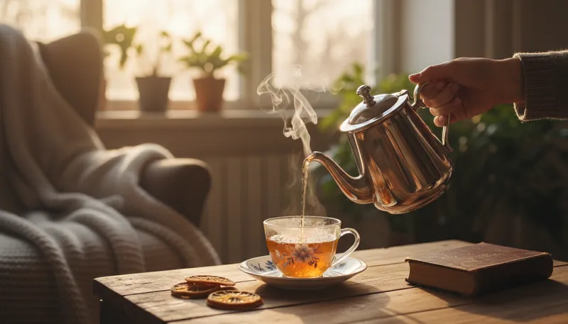 Illustration of tea: A hot drink made by steeping leaves.