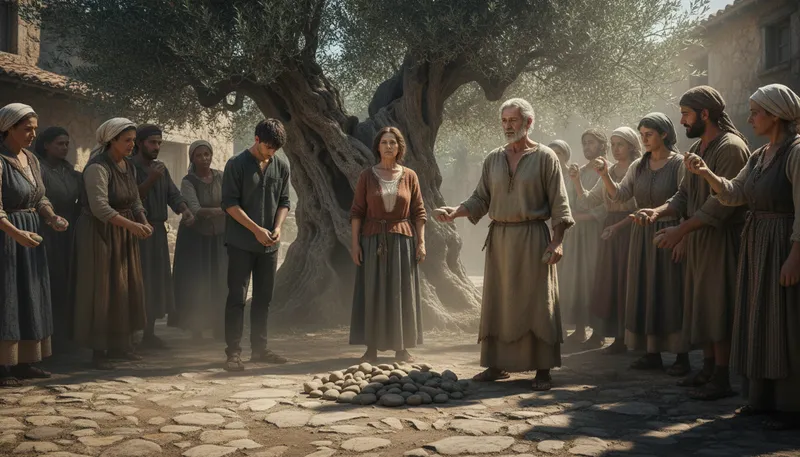 Illustration of cast the first stone: to accuse or criticize others first.