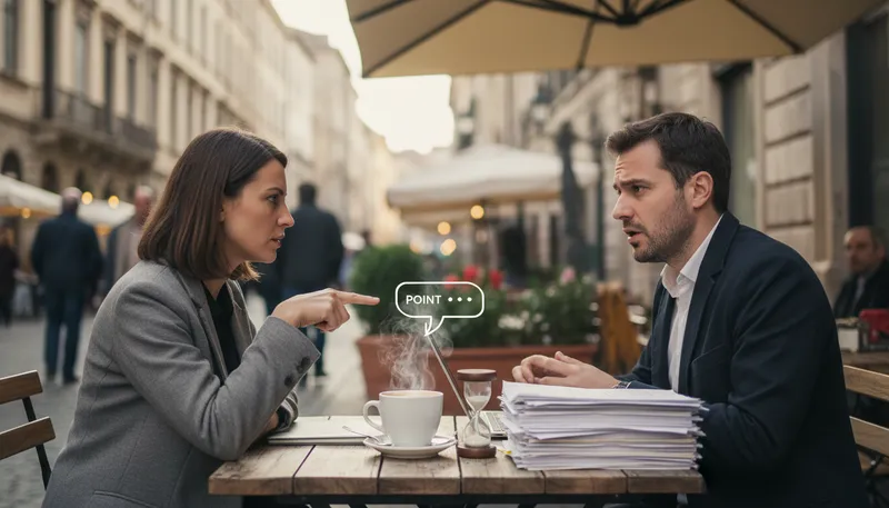 Illustration of get to the point: Speak directly without unnecessary details.