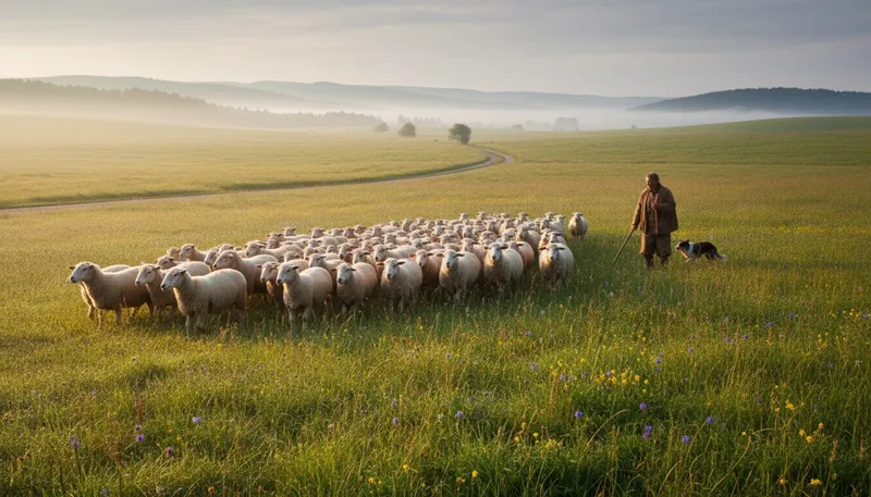 Illustration of herder: A person who tends to a herd of animals.