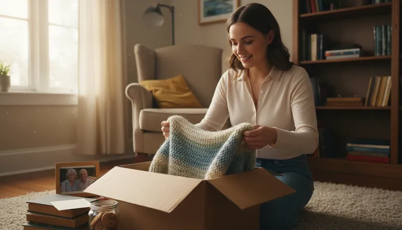 Illustration of care package: A box of helpful items sent to someone.