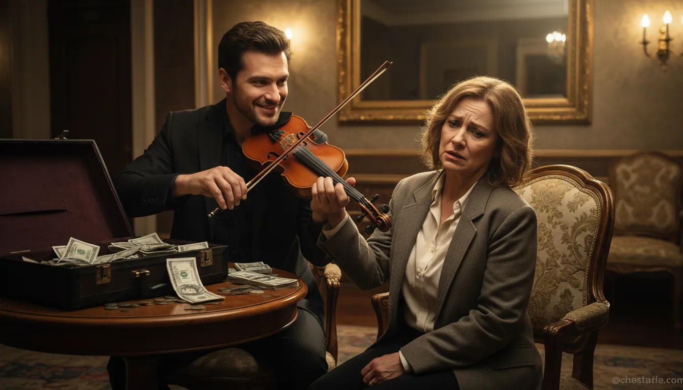 play someone like a violin-এর ইলাস্ট্রেশন: to manipulate or control someone easily.