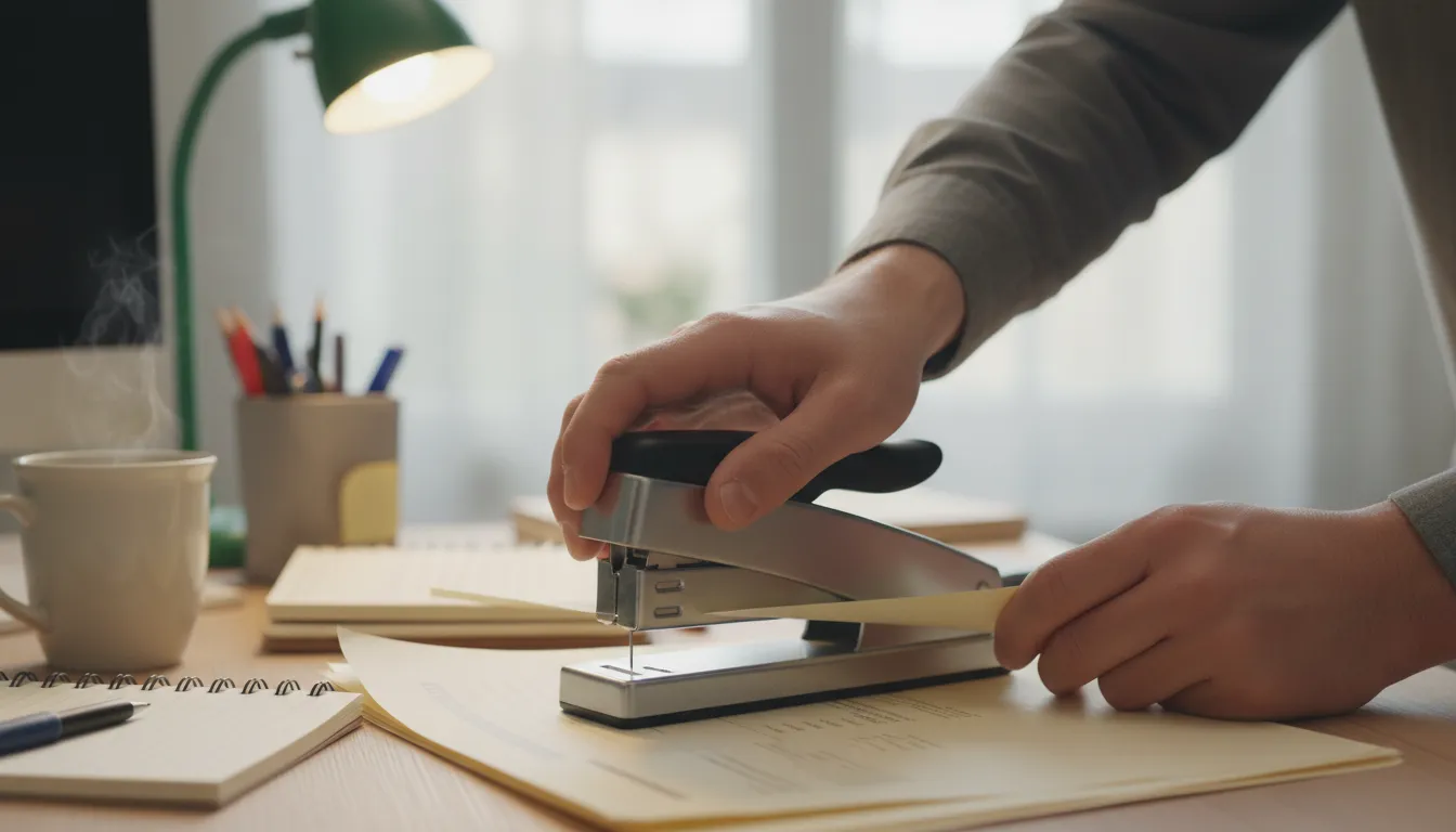 Illustration of stapler: device to fix papers together with a wire staple