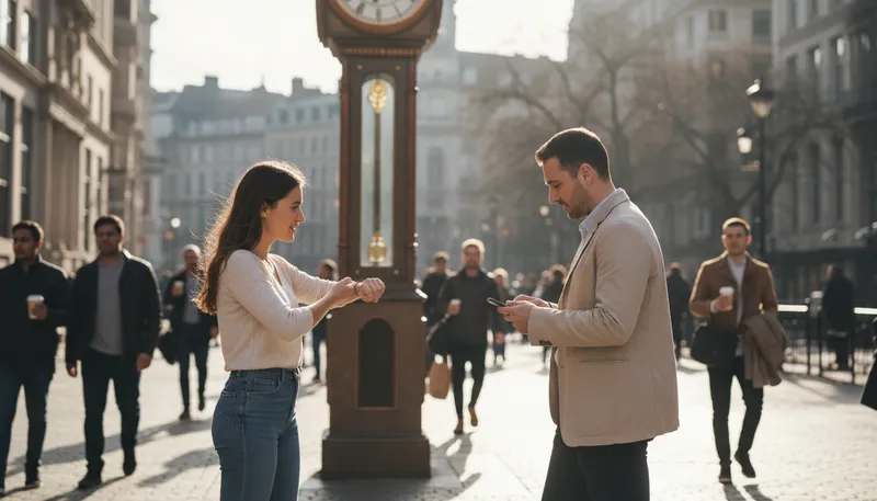 Illustration of have you got the time: Asking someone for the current time.