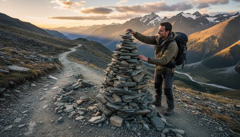 Illustration of cairn: A pile of stones used as a marker.