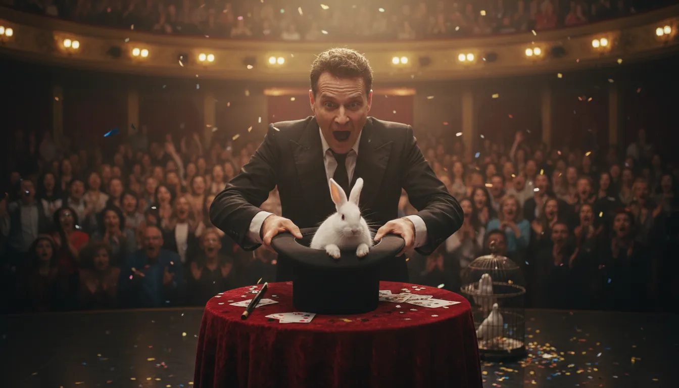 Illustration von pull a rabbit out of a hat: to create a surprising solution