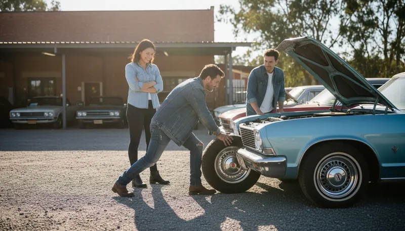 Illustration of kick the tires: to examine something closely before purchase