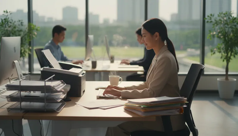 Illustration of secretarial: Related to office tasks or administration.