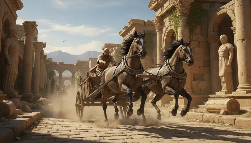 Illustration of chariot: A two-wheeled horse-drawn vehicle.