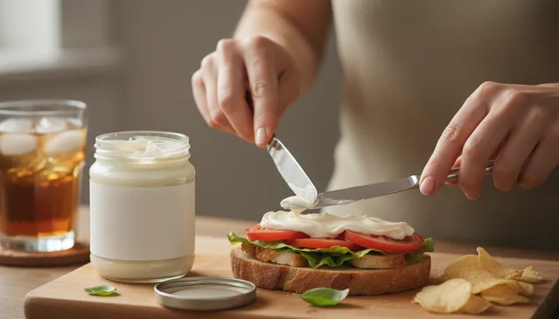 Illustration of mayo: A creamy sauce made from eggs and oil.