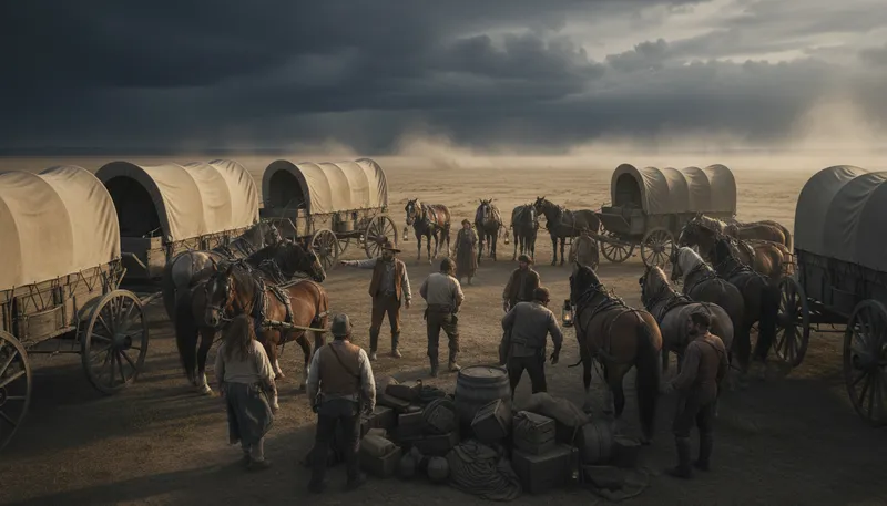 Illustration of circle the wagons: to unite for defense or support