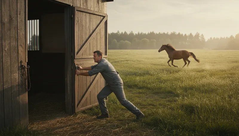 Illustration of close the stable door after the horse has bolted: To react too late to prevent a problem.