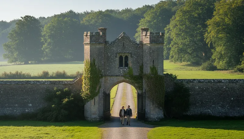 Illustration of gatehouse: A house at the entrance of a property.