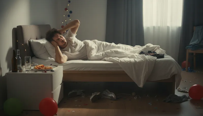 Illustration of hungover: Feeling ill after drinking too much alcohol.