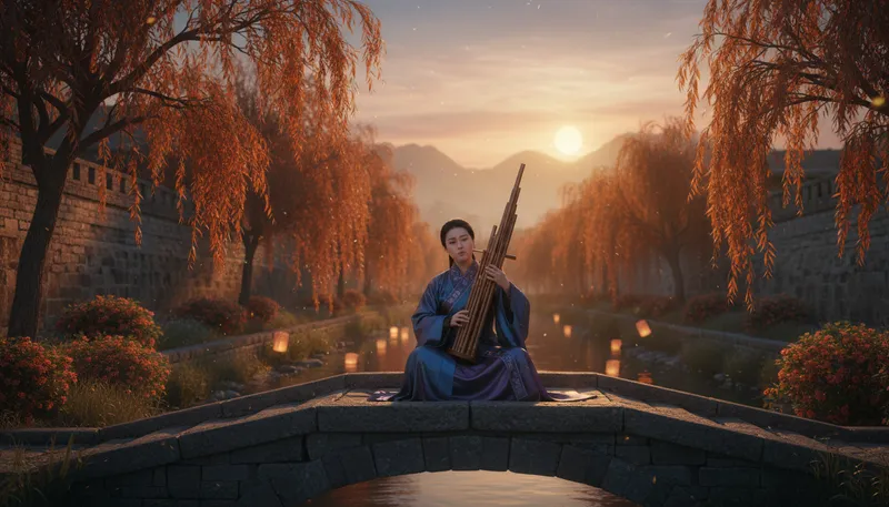 Illustration of sheng: A Chinese mouth organ with bamboo pipes.