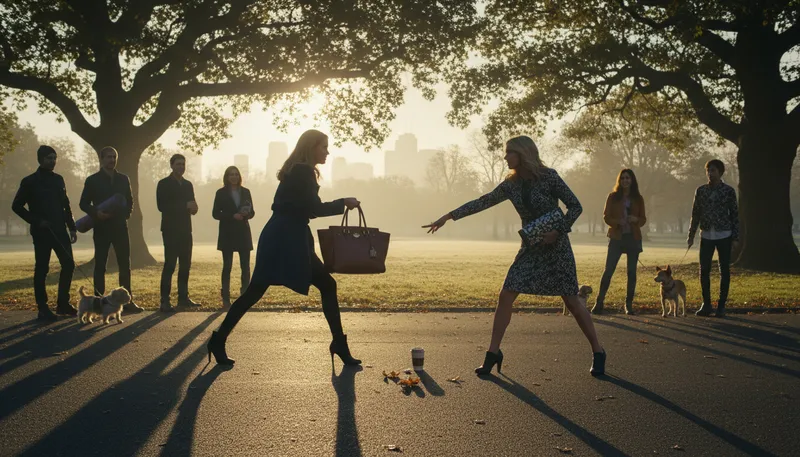 Illustration of handbags at dawn: A fierce and dramatic confrontation.