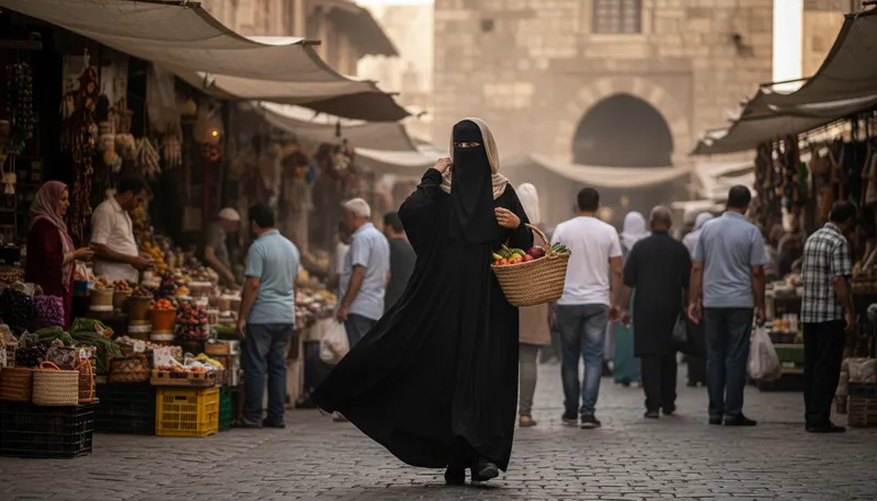 Illustration of burka: A garment covering the body and face.
