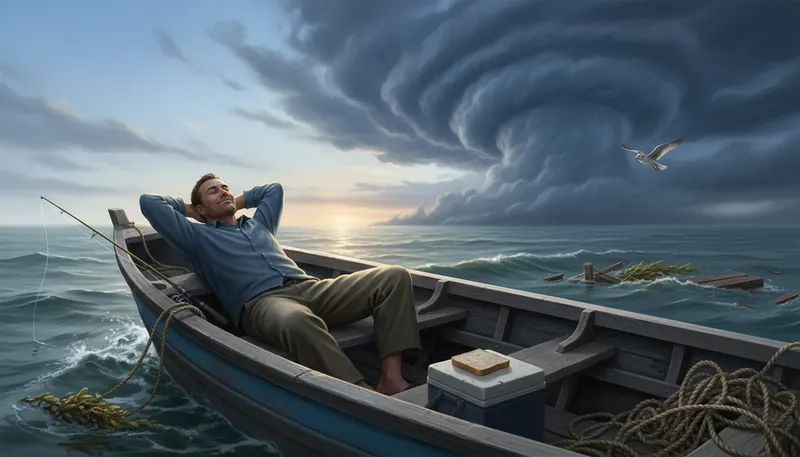 Illustration of complacent: Feeling self-satisfied and unaware of potential dangers.