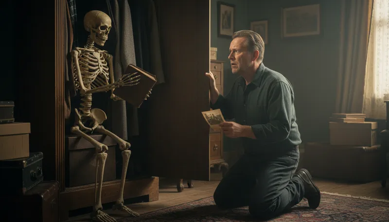Illustration of skeleton in the closet: A hidden secret or shame.