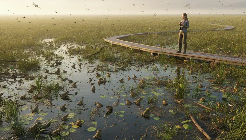 Illustration of marshy: Wet, soft land often covered in water.