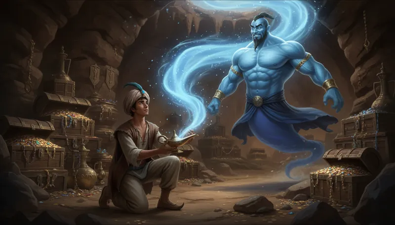 Illustration of aladdin: A character from Arabian Nights with a magic lamp.