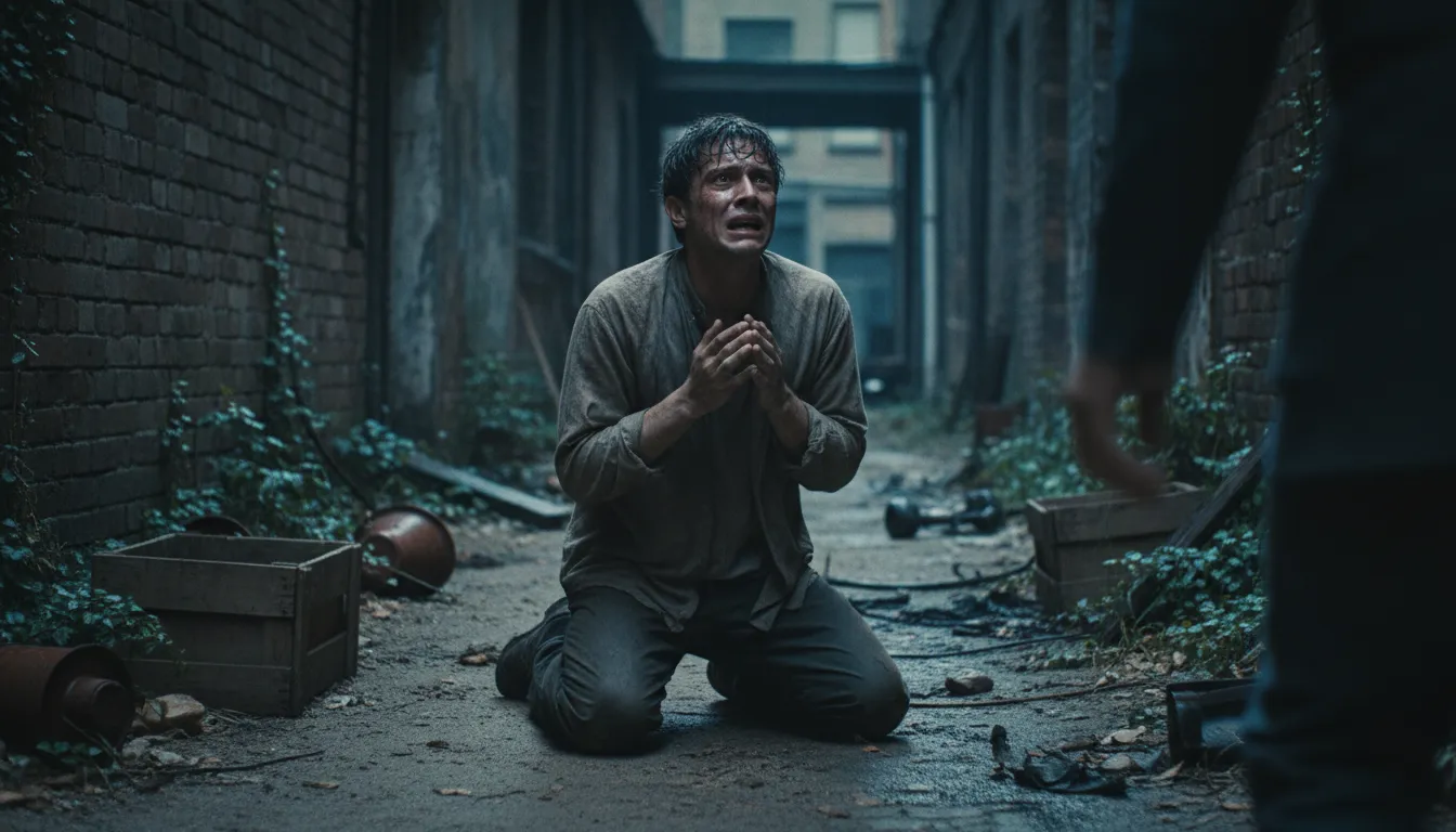 beg for one's life का चित्र: plead desperately to avoid death