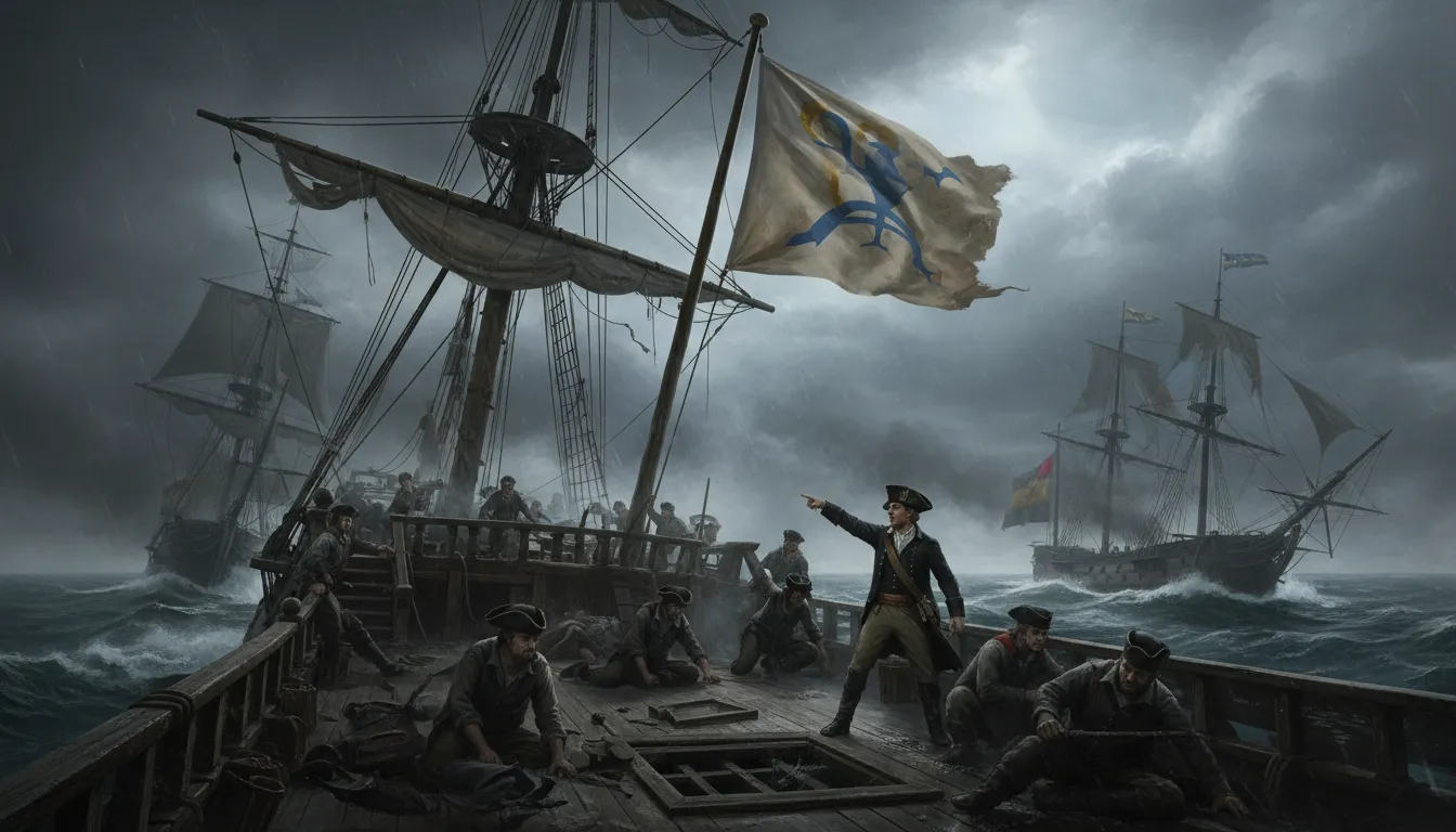 strike one's flag का चित्र: to surrender or give up.