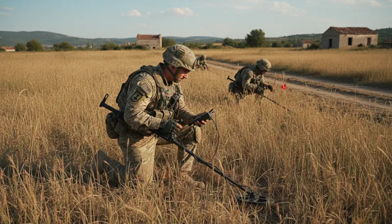 Illustration of landmines: Explosive devices hidden underground or on surfaces.